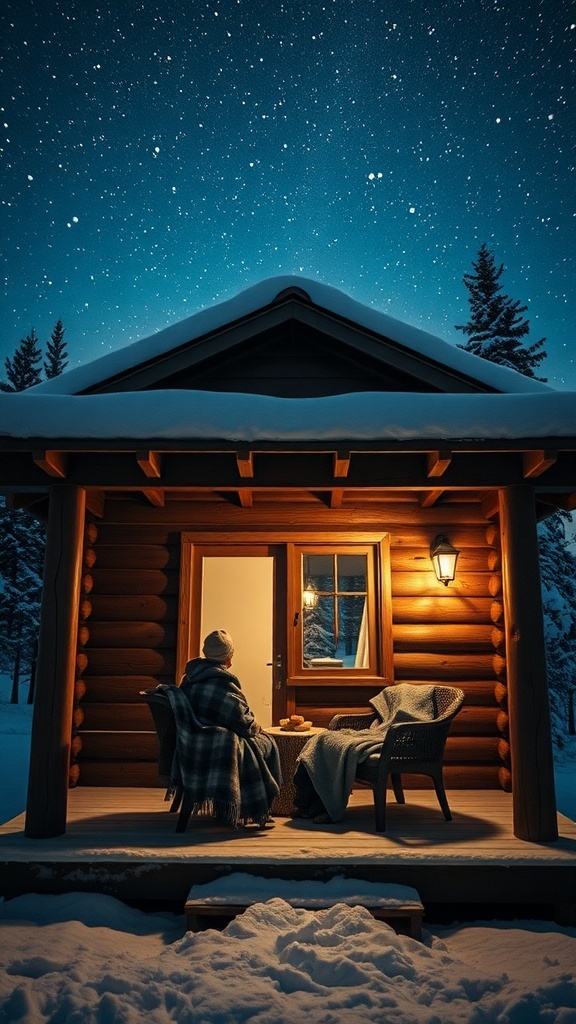 A person sitting on a porch of a cozy winter cabin, gazing at a starry night sky.