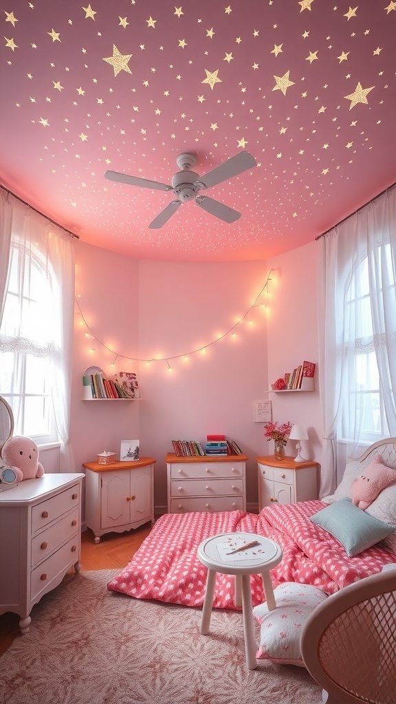 A cozy bedroom with a pink ceiling decorated with glowing stars, soft bedding, and warm lighting.