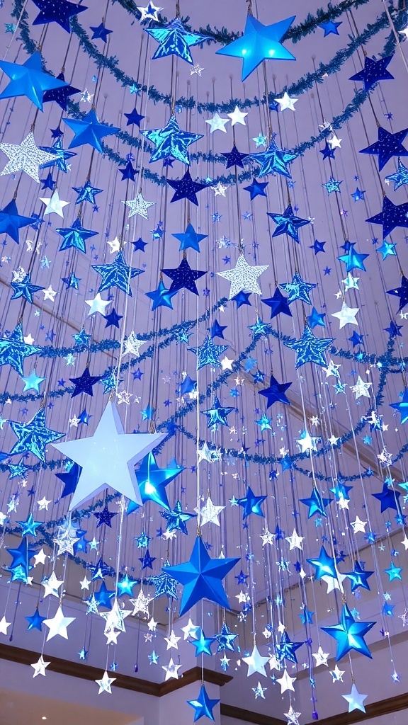 Blue and white star-shaped decorations hanging from the ceiling