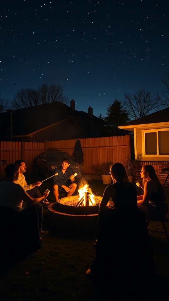 Group of friends gathered around a bonfire under a starry night sky.