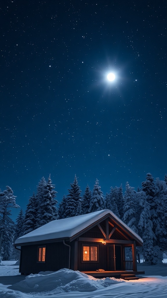 A cozy winter cabin under a starry night sky with a bright moon.