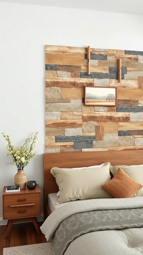 A modern rustic bedroom with a wooden accent wall and cozy bedding.