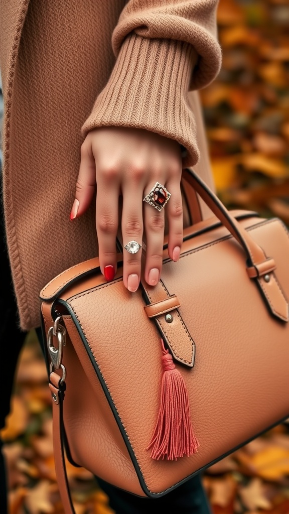 Close-up of a hand wearing multiple rings and holding a stylish handbag.