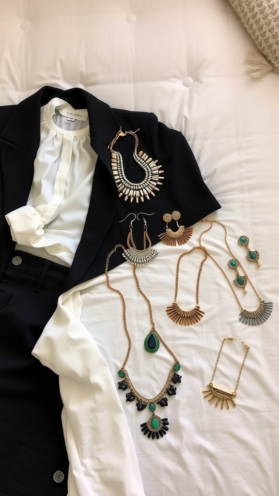 A collection of statement jewelry pieces laid out on a white background next to a black blazer and white blouse.