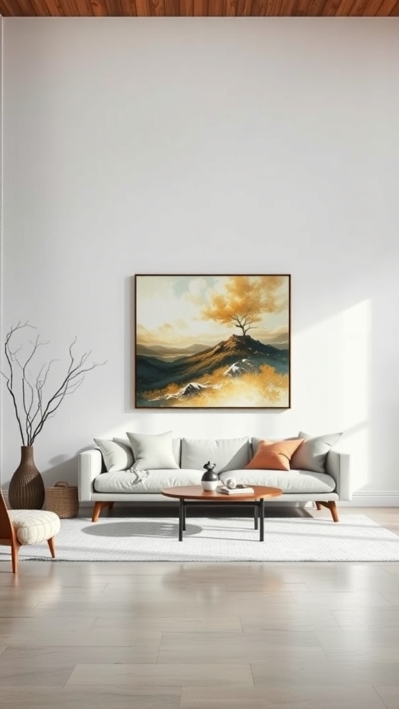 A minimalist living room featuring a large statement artwork above a light-colored sofa.