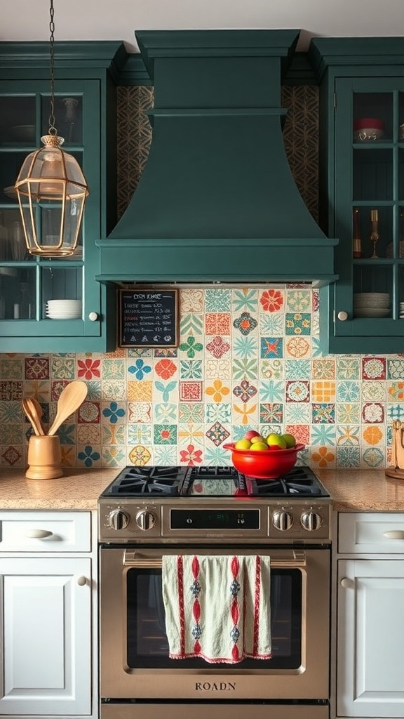 A colorful boho-style kitchen backsplash featuring vibrant tiles with floral and geometric patterns.