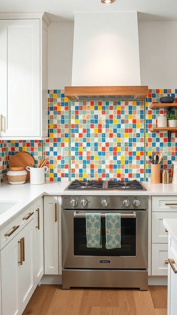 Colorful tile backsplash in a modern kitchen with white cabinets and stainless steel appliances.