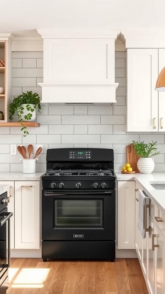 A modern farmhouse kitchen featuring black appliances, white cabinets, and wooden accents.
