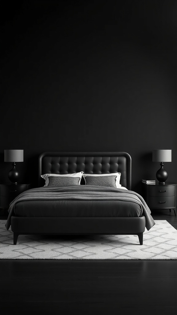 A stylish black and cream bedroom featuring a black bed frame, nightstands, and lamps.