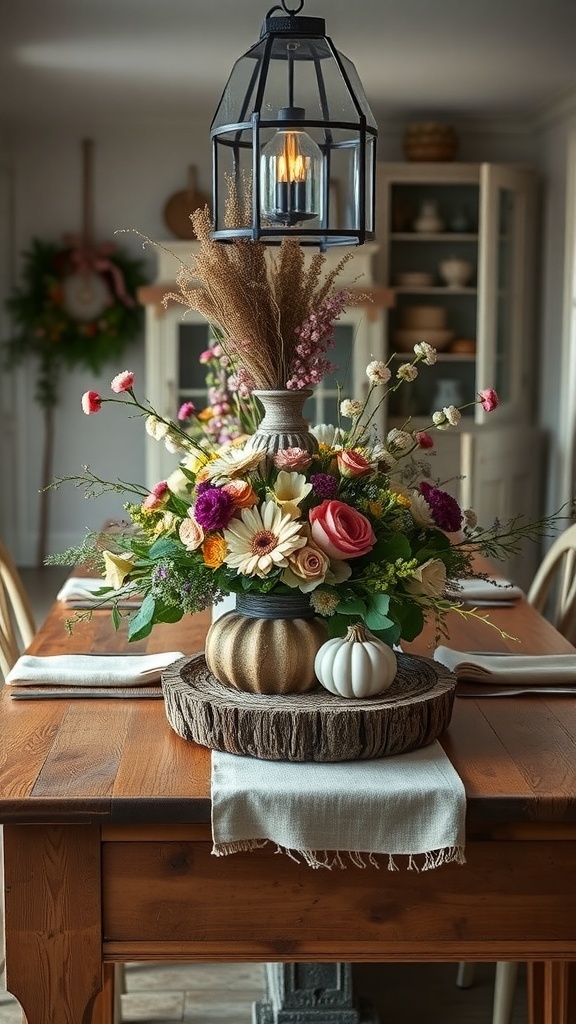 A beautiful dining table centerpiece featuring flowers, a rustic vase, and mini pumpkins.