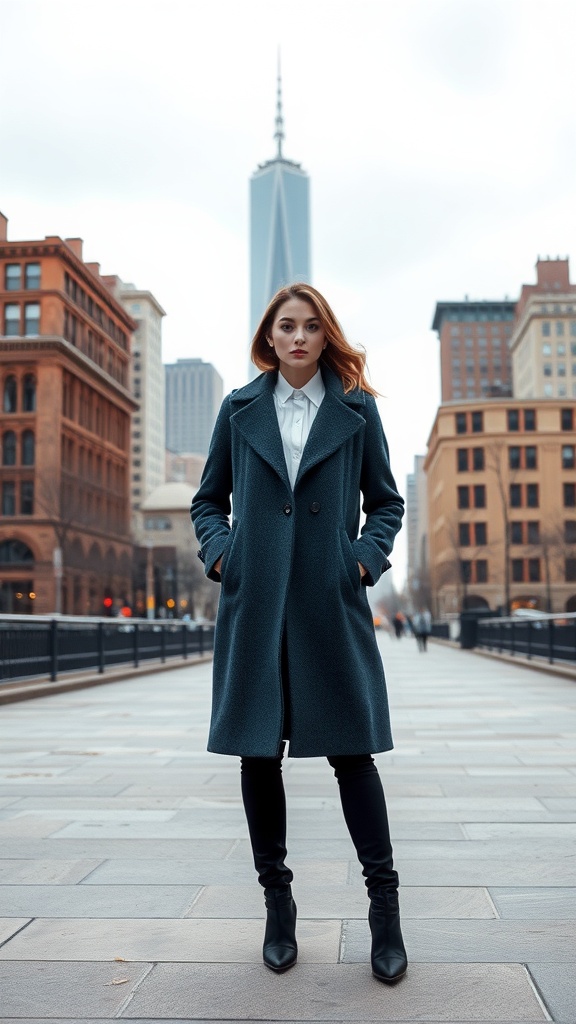 A woman wearing a teal statement coat and black pants in an urban setting.