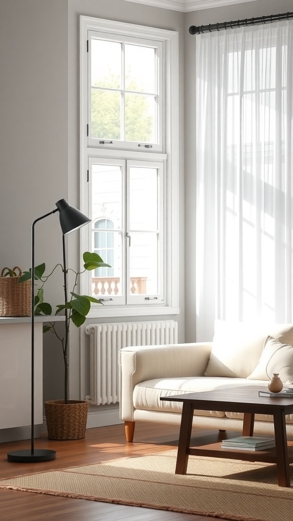 A modern living room featuring a stylish floor lamp next to a cozy sofa and a plant.