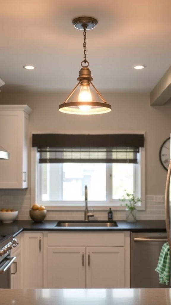 A modern farmhouse kitchen featuring flush mount light fixtures.