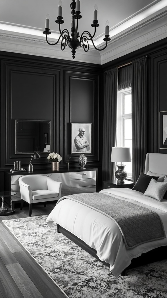 Luxurious black and white bedroom featuring statement furniture.