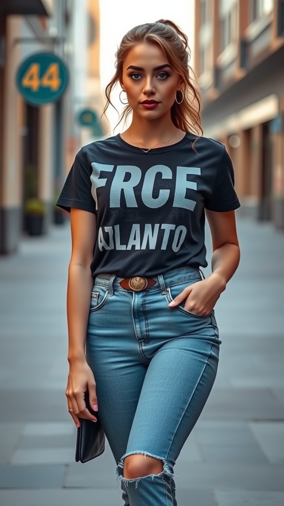 A stylish woman in a black graphic tee and high-waisted jeans, showcasing a rock chic outfit.