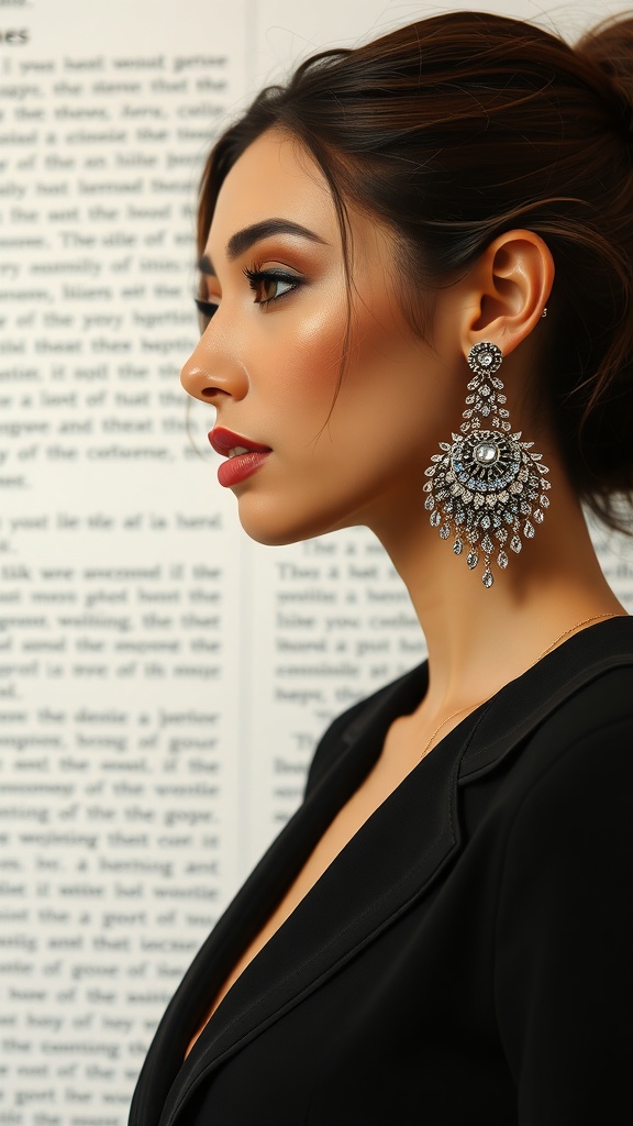 A woman showcasing elegant statement earrings, enhancing her business casual outfit.