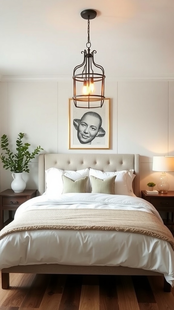 A modern bedroom featuring a stylish pendant light fixture above the bed.