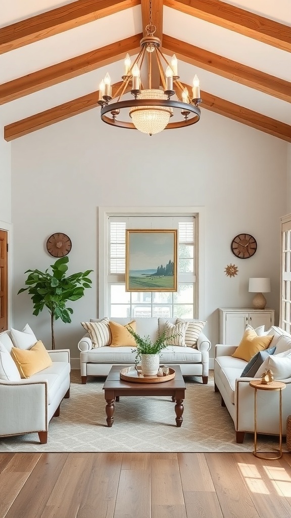 Coastal farmhouse living room with a statement chandelier and light-colored furniture.