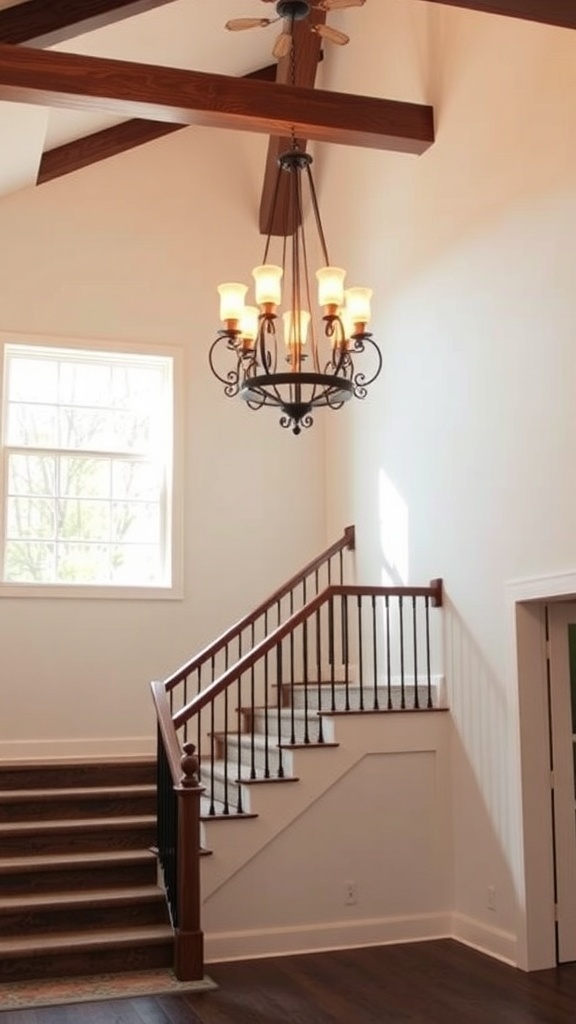 A modern farmhouse staircase with a chandelier above.