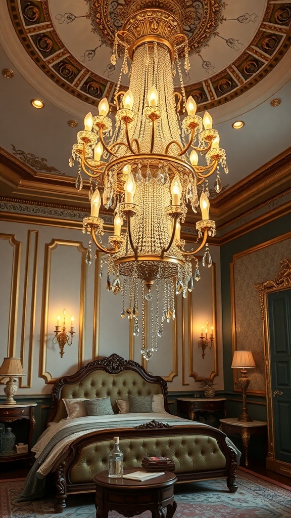 Luxurious bedroom featuring an ornate chandelier with crystals, elegant bed, and stylish decor.