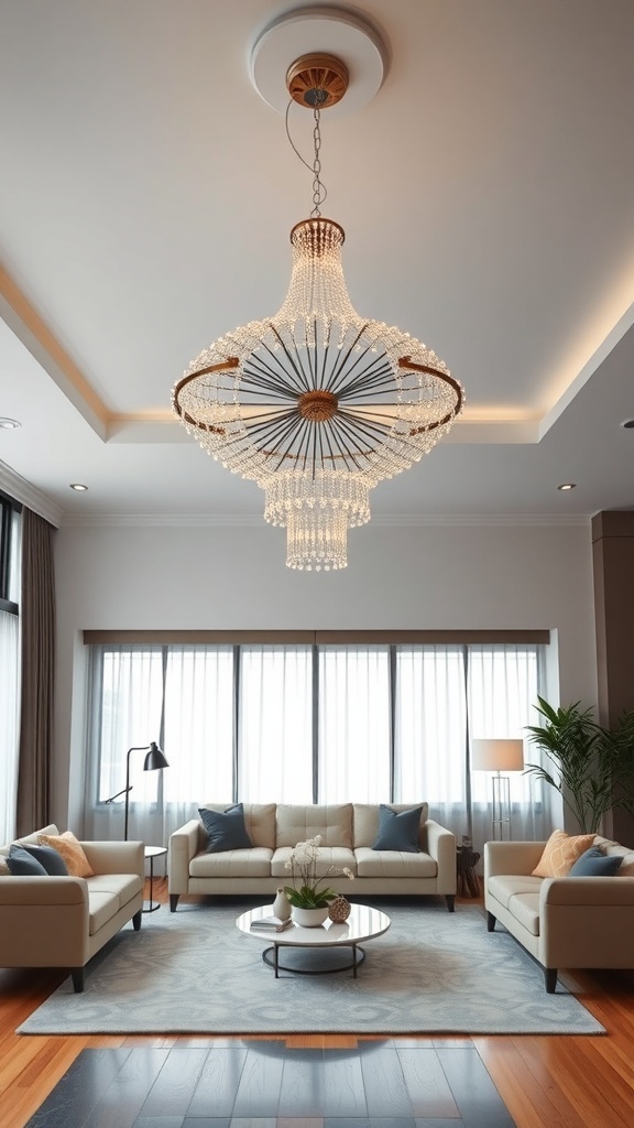 A stylish chandelier hanging in a modern living room with light-colored sofas and large windows.