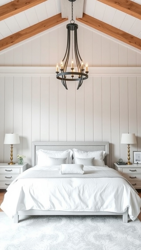 Modern farmhouse bedroom with a chandelier and white bedding