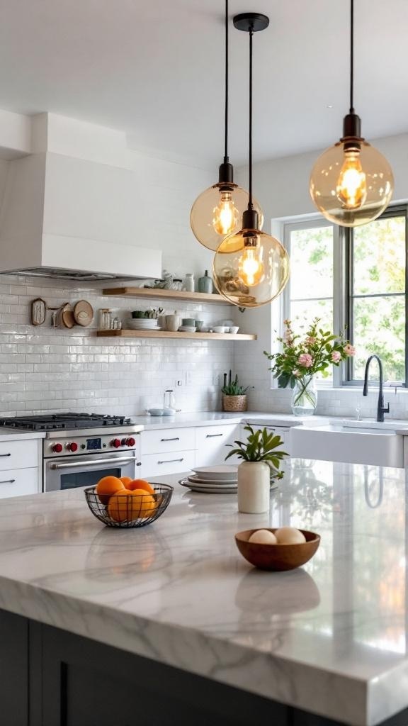 A modern kitchen featuring three hanging glass light fixtures above a marble countertop, with white cabinetry and a bright window.