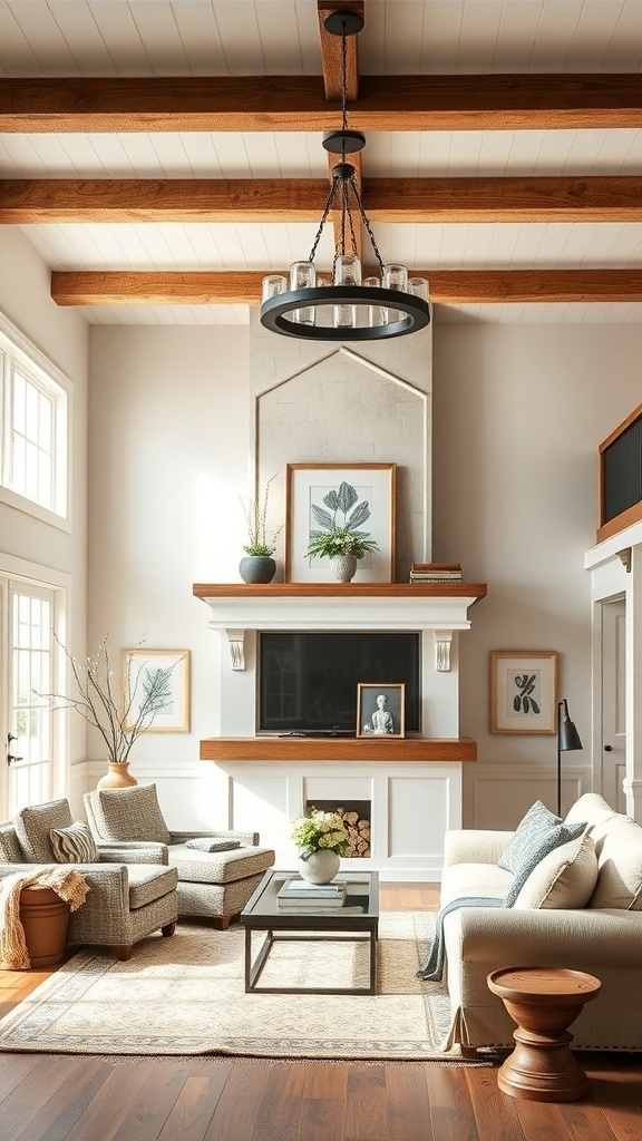 A cozy farmhouse living room featuring a modern chandelier, wooden beams, and comfortable seating.
