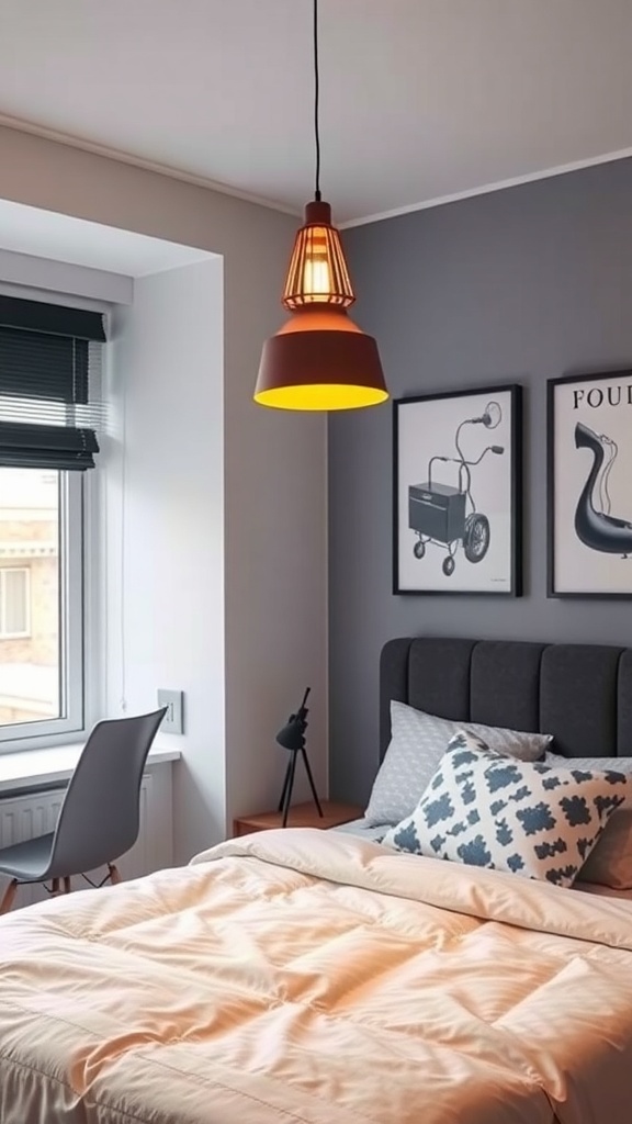 A stylish pendant light hanging in a modern teen girl's bedroom.