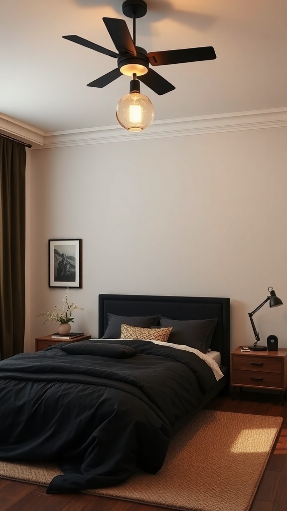 A stylish black and tan bedroom featuring a ceiling fan with a warm light fixture.