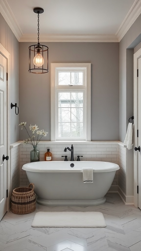 A modern farmhouse master bath featuring a vintage-inspired pendant light above a freestanding bathtub.