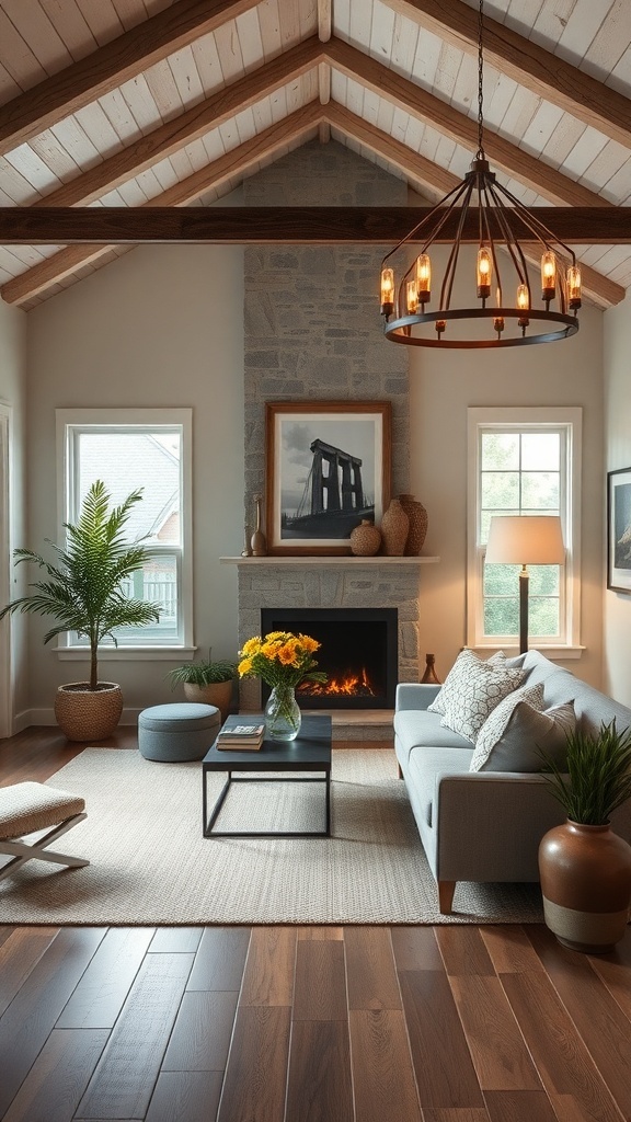 A modern cottage living room featuring a stylish chandelier, cozy furniture, and a warm atmosphere.
