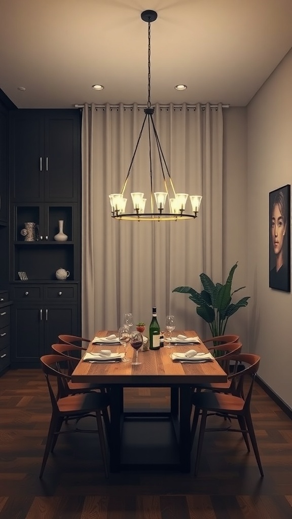 A modern farmhouse dining area featuring a stylish chandelier above a wooden table with chairs.