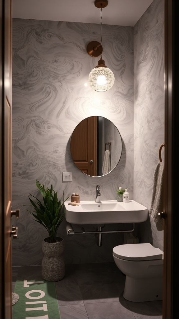 A modern bathroom featuring a stylish pendant light, marble walls, and a round mirror.