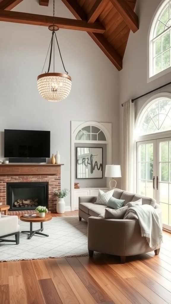 A contemporary farmhouse living room featuring a stylish chandelier, wooden beams, and cozy seating.