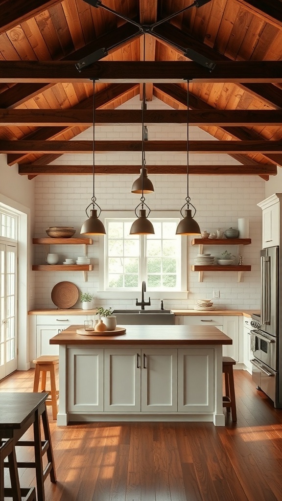 Modern farmhouse kitchen with pendant lighting and wooden beams
