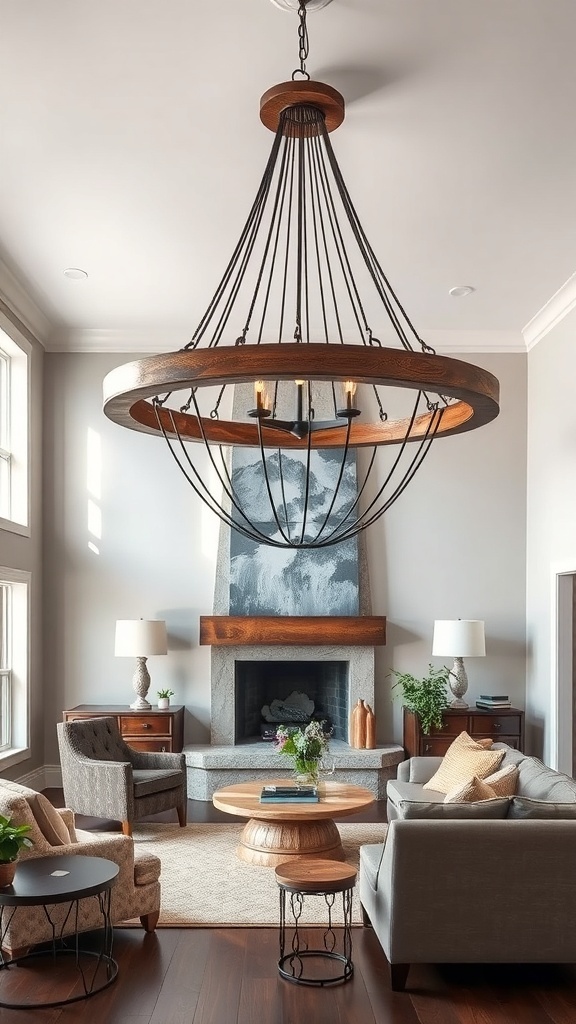 A modern rustic living room featuring a large wooden and metal chandelier.