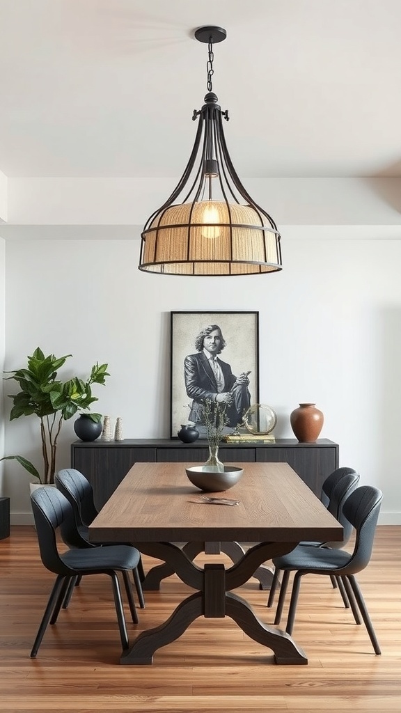 A stylish pendant light hanging over a dining table, showcasing a blend of rustic and modern design.