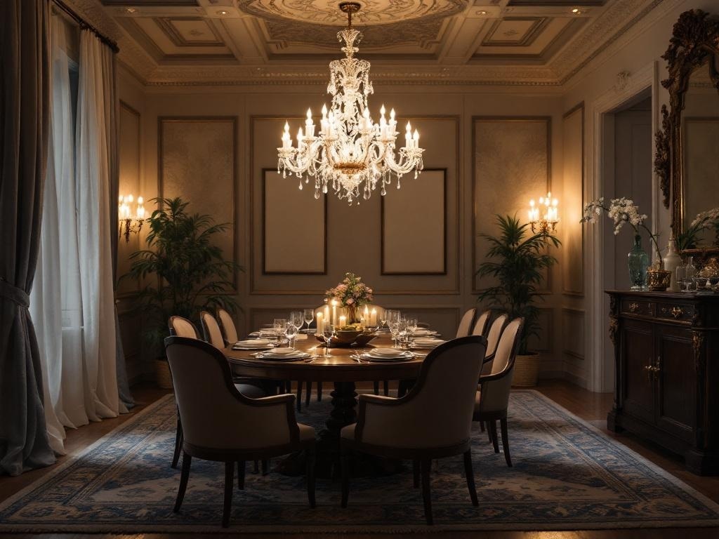 A luxurious dining room featuring a grand chandelier above a round table set for dinner, with elegant chairs and decorative plants.