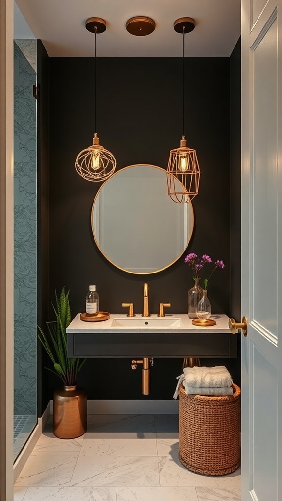 Modern bathroom with stylish statement lighting fixtures and a round mirror.