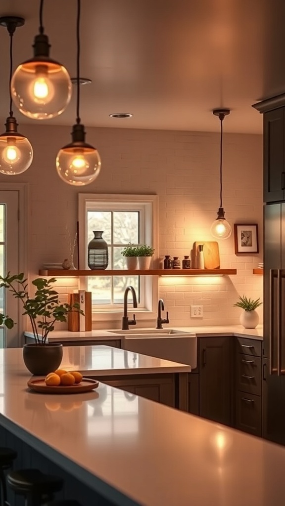 Warm modern kitchen with statement lighting fixtures