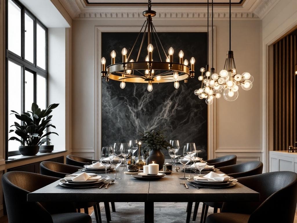 Chic dining area featuring statement lighting fixtures, a large chandelier, and a modern light design.
