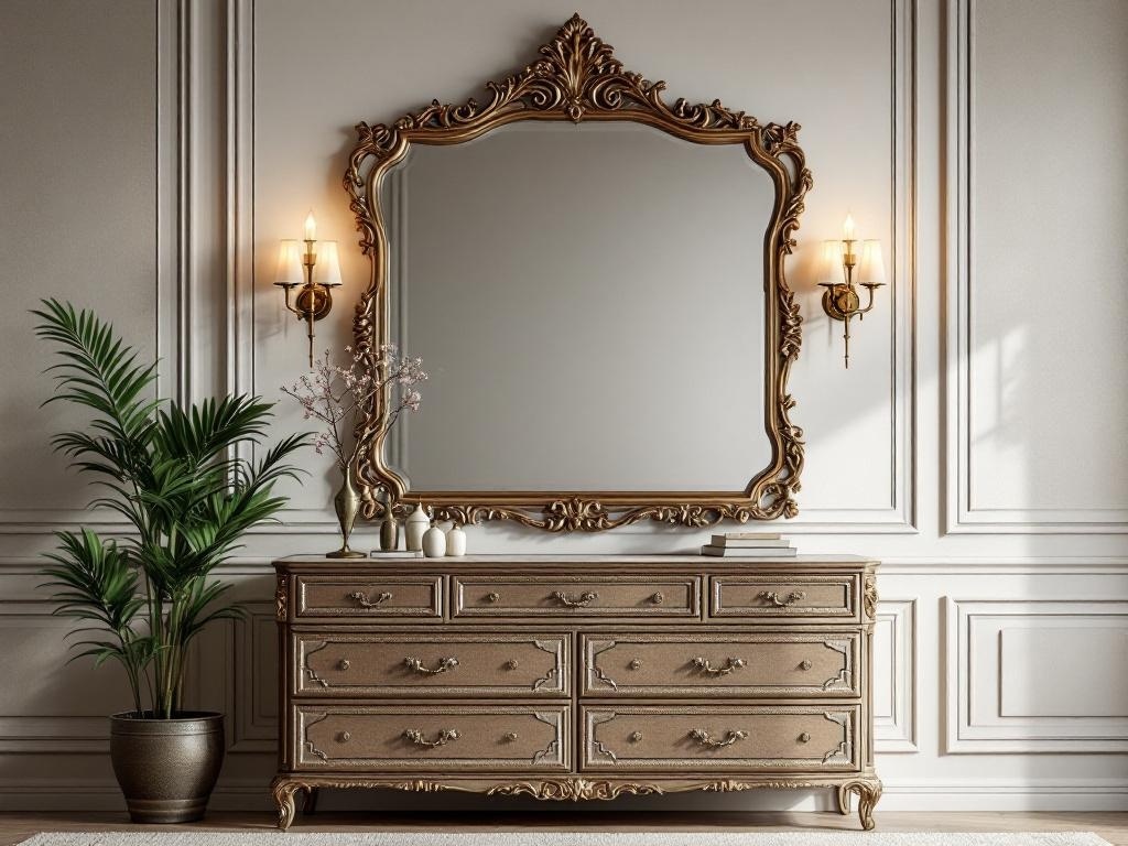 A beautifully ornate mirror above a stylish dresser in a bedroom setting.
