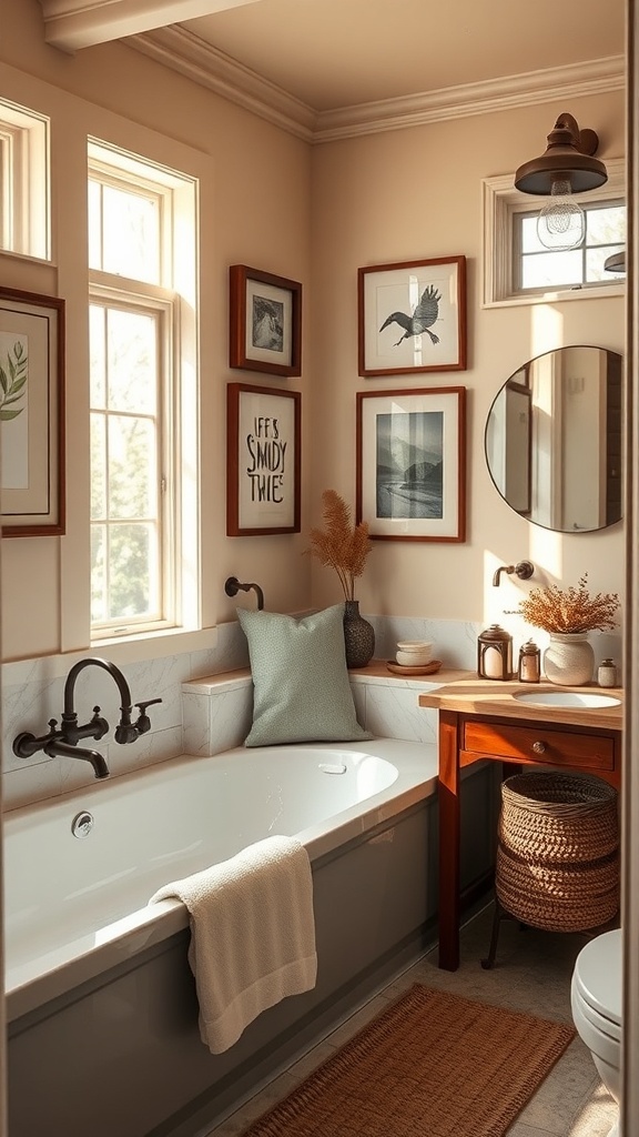 A stylish bathroom mirror with a decorative frame, showcasing a modern farmhouse aesthetic.