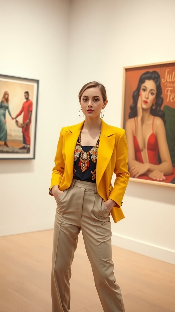 A woman wearing a yellow blazer and unique top, standing confidently in an art gallery.