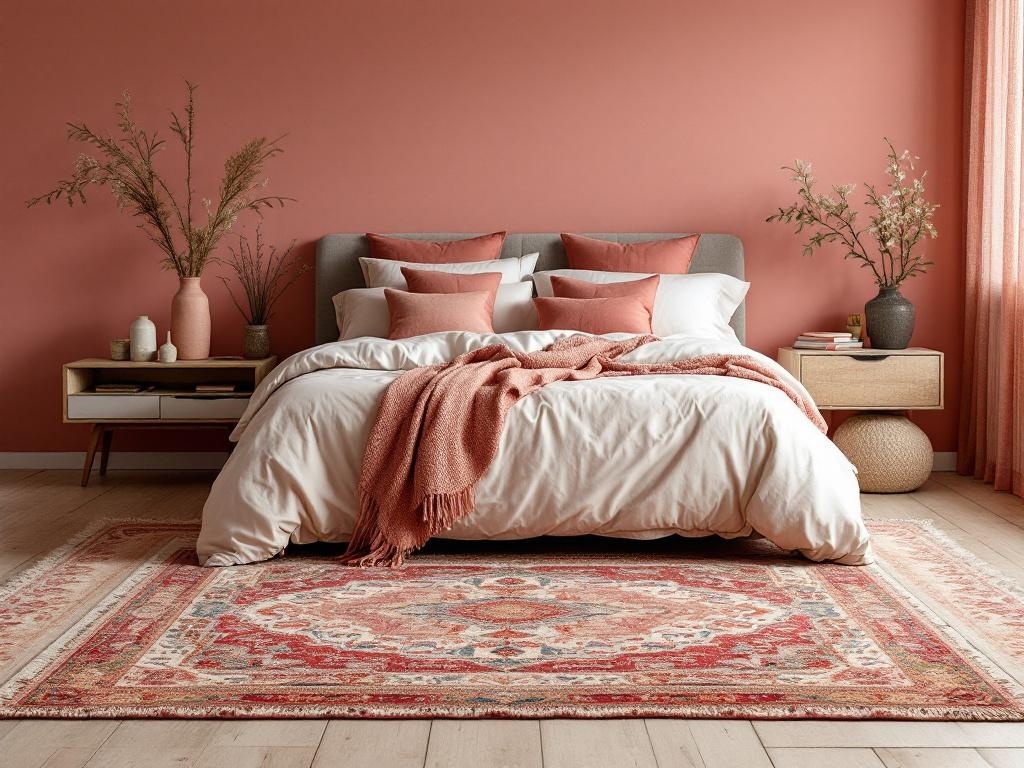 A cozy bedroom featuring earthy pink walls, a plush bed with pink and white bedding, and a decorative rug on a wooden floor.