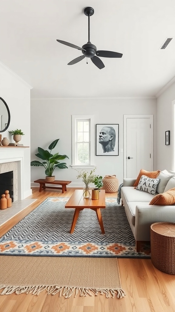 Modern cottage living room with statement rugs and cozy decor.