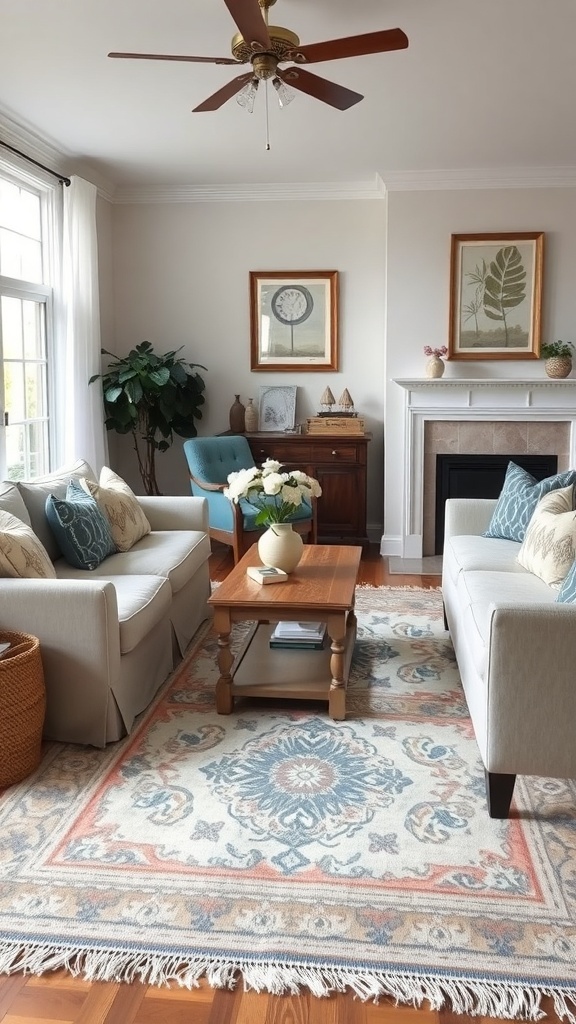 A cozy living room featuring a statement rug with intricate patterns, light furniture, and natural decor elements.