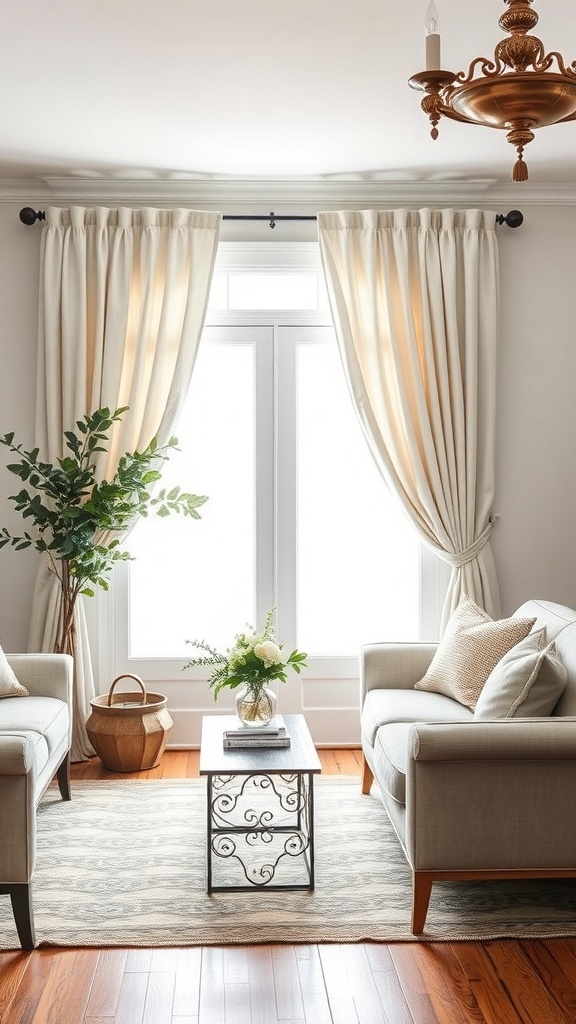 A cozy living room with farmhouse curtains and a stylish table.