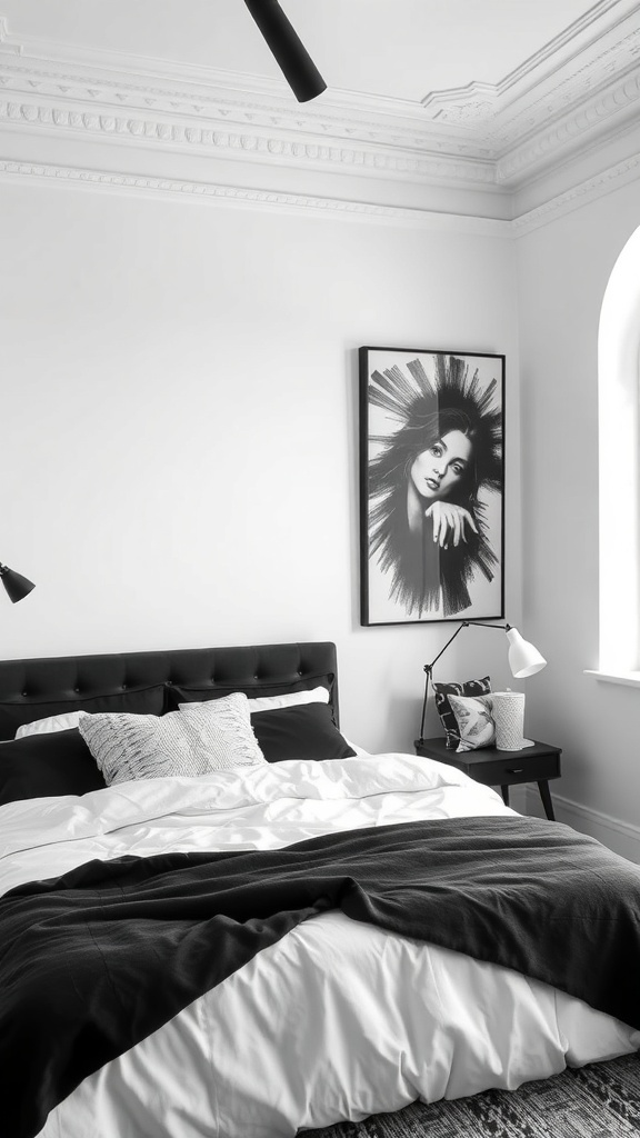 A black and white bedroom featuring a statement wall art piece.